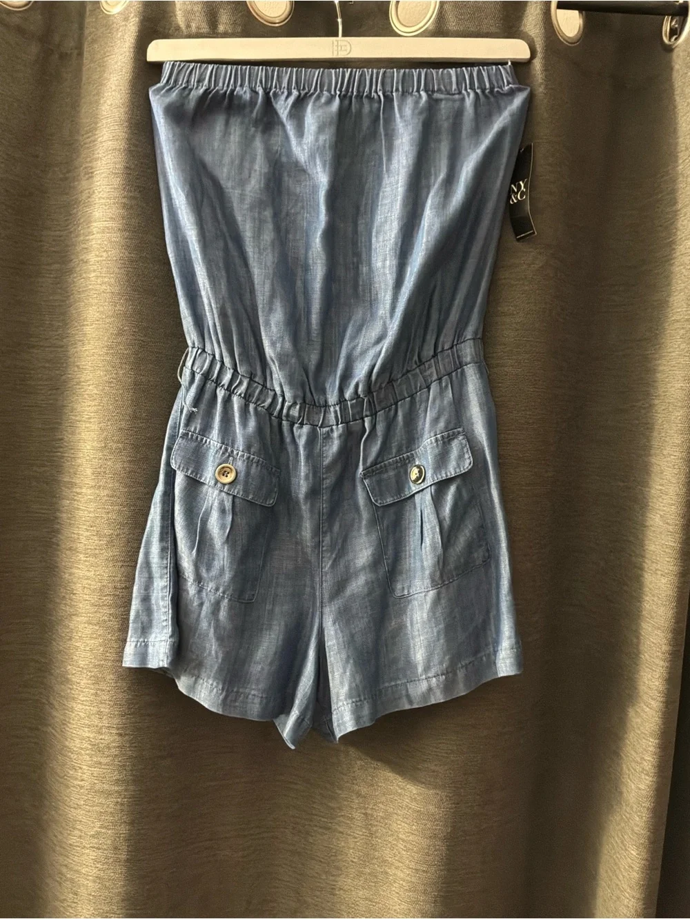 New York & Company Light Blue Strapless Chambray Romper Shorts